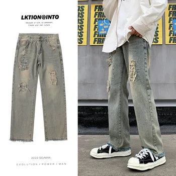Vintage yırtık kot erkek tarzı sokak hip-hop trend gevşek bf rahat yıpranmış geniş bacak pantolon kargo pantolon