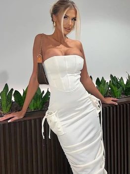 Zarif Straplez Parti Maxi Elbise Kadınlar Seksi Dantelli Kolsuz Bodycon yaz elbisesi 2023 Beyaz Büzgü Uzun Elbiseler Rahat