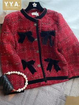 Vintage Kırmızı Tüvit Ceket İlmek O-boyun Moda Giyim Üst Kadınlar Kış Kalınlaşmak uzun kaban Ofis Bayanlar Rahat kısa palto