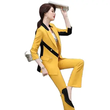 Takım elbise Pantolon Kadın Yeni Kontrast Renk Kadın Profesyonel İş İş Elbiseleri Blazer Seti Conjuntos Mujer Dos Piezas Paketi
