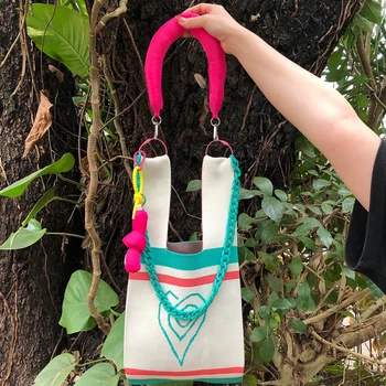 Çizgili Örgü Tote Çanta Kalp Desen Kadın Mini Düğüm Bilek çanta Kadın Dokuma Alışveriş Çantası Kullanımlık Alışveriş omuzdan askili çanta