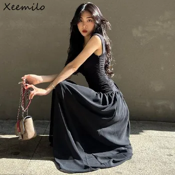Xeemilo Kadın Yaz Parti uzun elbise Seksi Dantelli Bodycon Siyah Maxi Elbiseler 2023 Zarif Mizaç Yüksek bel Vestidos Yeni