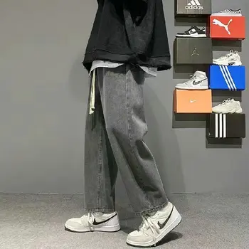 Baggy erkek Gri Kot Streetwear Gevşek Düz Elastik Bel Tasarım Ayak Bileği Uzunlukta Pantolon Kore Paten Pantolon Streetwear