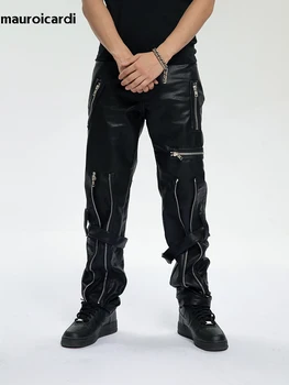 Mauroicardi İlkbahar Sonbahar Serin Siyah Pu Deri Pantolon Erkekler Birçok Fermuarlı Kemer Lüks Tasarımcı Giyim Pantolon Modası 2023