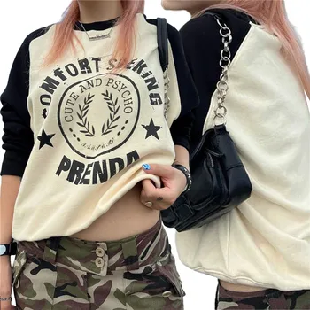 Kadın Gevşek Rahat Tişörtü Mektubu Baskı Kontrast Renk Yuvarlak Boyun Uzun Kollu Hoodies Sonbahar kışlık kazak Üstleri Streetwear