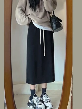 DEEPTOWN Kore Moda Rahat Etek Kadın Katı Yüksek Bel A-line Dantel-up Vintage Streetwear Uzun Etek Sportif Tiki Tarzı