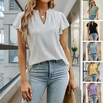 Kadın kısa kollu T-shirt Düz Renk V Boyun Fırfır Yaka Jakarlı Örgü Kadın Giyim S 2XL Yaz Bayanlar Tee Bluz Üst